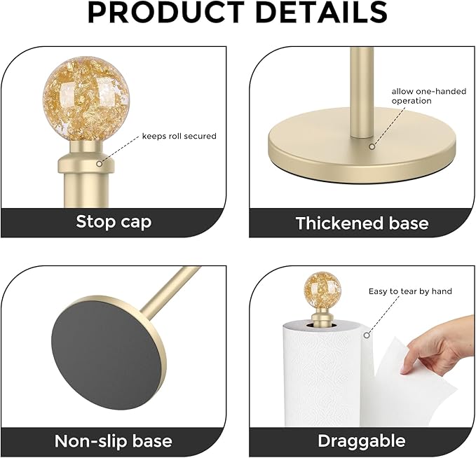 Gold Paper Towel Holder Countertop, Unique Gold Ball Decor,Brass Paper Towel Holder for Kitchen - Sturdy, Durable, and Elegant Home Decor for Kitchen