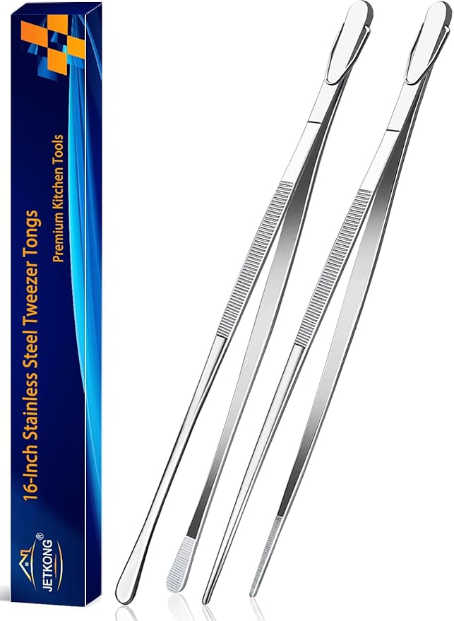 JETKONG 2 Pcs 16-Inch Kitchen Tweezers Extra Long Tweezer Tongs, Heavy Duty Stainless Steel Cooking Tweezers (Silver) by JETKONG