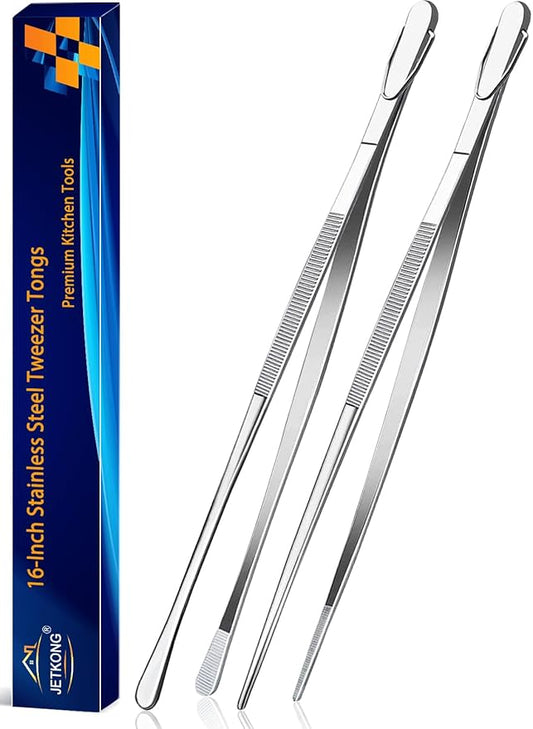 JETKONG 2 Pcs 16-Inch Kitchen Tweezers Extra Long Tweezer Tongs, Heavy Duty Stainless Steel Cooking Tweezers (Silver) by JETKONG