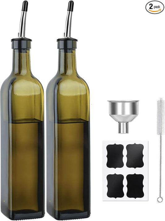 2-Pack Olive Oil Dispenser Bottle Set - 17oz/500ml Dark Green Glass Oil and Vinegar Bottles for Kitchen, Includes 2 Stainless Steel Pourers, Funnel, Brush & 4 Chalkboard Labels by Unknown