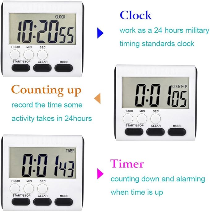 Mudder 3 Pack Digital Kitchen Timer for Cooking, Big Digits, 24 Hour Magnetic Backing Stand Kitchen Timers Clock for Classroom Kids Teachers, Loud Alarm and Big Screen (Black and White) - Image 3
