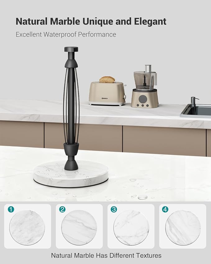 Paper Towel Holder Countertop, Marble Weighted Base, Glossy Black, One-Handed Tear, Freestanding Paper Towel Stand Rack with Ratchet Mechanism for Kitchen Toilet Bathroom Essentials Decor Accessories - Image 5