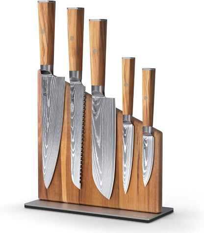 Yatoshi Knives Magnetic Kitchen Knife Block Set - Japanese 67 Layer High-Grade VG-10 Steel Knives, Sharp, Professional Kitchen Knife Set - Damascus (6 pieces), Olive Wood Handles by YatoshiKnives