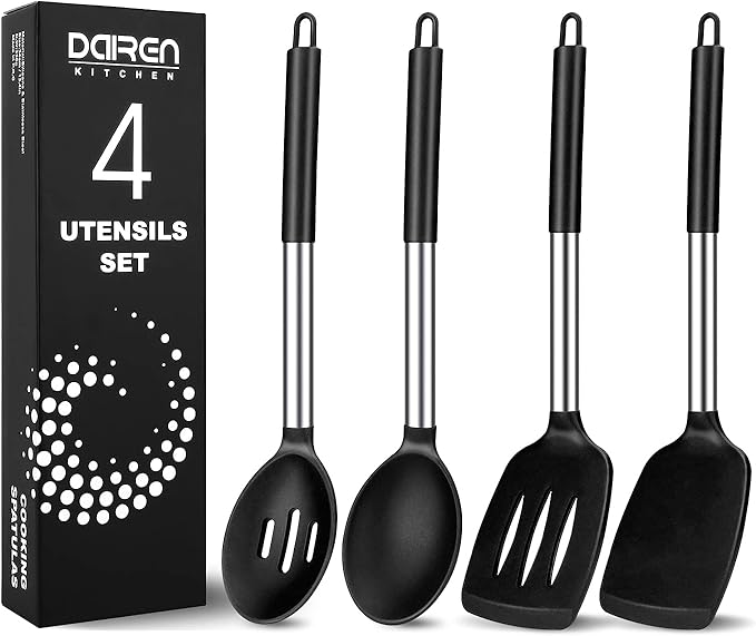 Pack of 4 Large Silicone Cooking Spatulas and Spoons, Slotted and Solid Stainless Steel Cooking Utensils Set, Non-stick Heat Resistant Kitchen for Baking, Fried, Stir-Fry, Mixing, Serving (Black) by DaiRenKitchen
