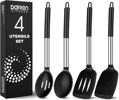 Pack of 4 Large Silicone Cooking Spatulas and Spoons, Slotted and Solid Stainless Steel Cooking Utensils Set, Non-stick Heat Resistant Kitchen for Baking, Fried, Stir-Fry, Mixing, Serving (Black) by DaiRenKitchen