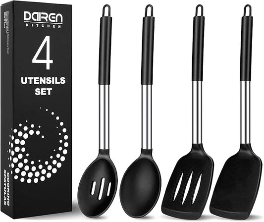 Pack of 4 Large Silicone Cooking Spatulas and Spoons, Slotted and Solid Stainless Steel Cooking Utensils Set, Non-stick Heat Resistant Kitchen for Baking, Fried, Stir-Fry, Mixing, Serving (Black) by DaiRenKitchen