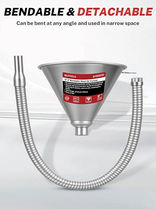 BILITOOLS 26.2" Steel Flexible Oil Funnel with Filter for Automotive Use, Metal Bendable Spout Funnel for Oil Fluids Change, Long Funnels for Transmission Fluid - Image 6