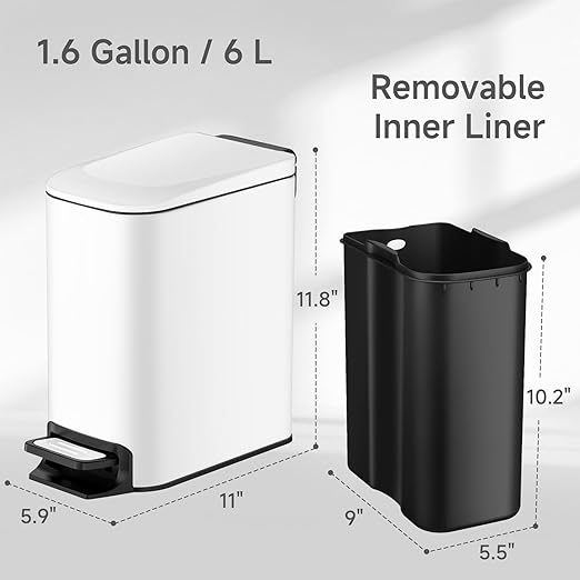 TIPGO Slim Bathroom Trash Can with Lid Soft Close, Step Pedal, 6 Liter / 1.6 Gallon Stainless Steel Trash Bin, Small Garbage Cans for Bedroom, Office, Kitchen (White) - Image 6