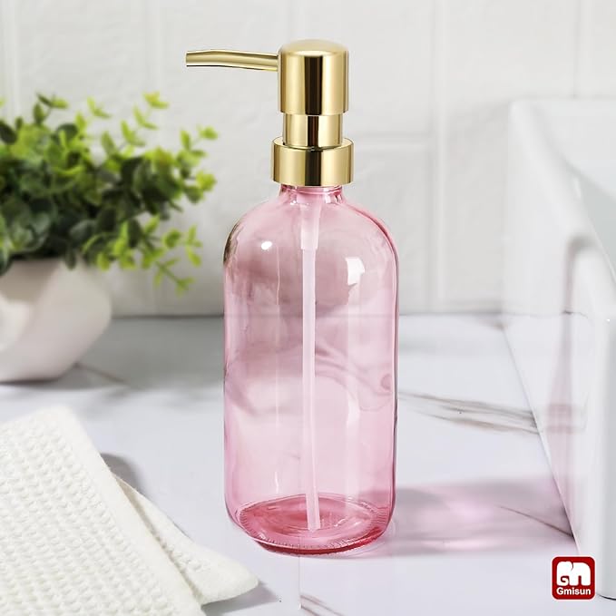 GMISUN Pink Soap Dispenser Bathroom, 1 Pack Glass Dish Soap Dispensers for Kitchen with Rustproof Plastic Gold Pump, 17 Fl Oz Bathroom Hand Soap Dispenser, Modern Liquid Dishwashing Dispensers Bottle - Image 4