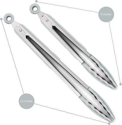 2 Pack Silicone Kitchen Tongs – 9" & 12" Set, Heat Resistant up to 500°F, Non‑Stick Cookware Safe, Wavy Silicone Tips, BPA Free, Locking Clip & Hanging Loop, Warm Grey - Image 4