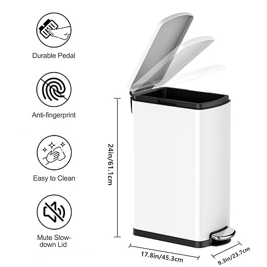 Garvee Slim Kitchen Trash Can 8 Gal, Skinny Stainless Steel Garbage Can with Removable Inner Bucket & Soft Close Lid, Narrow Trash Bin for Bathroom Living Room Office, White
