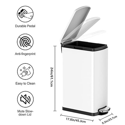 Garvee Slim Kitchen Trash Can 8 Gal, Skinny Stainless Steel Garbage Can with Removable Inner Bucket & Soft Close Lid, Narrow Trash Bin for Bathroom Living Room Office, White