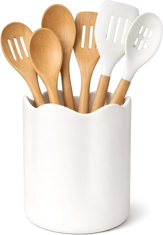 Ceramic Utensil Holder for Kitchen Counter, 7.1" Large Kitchen Utensil Crock with Protection Cork Mat, Modern Cooking Tools Organizer for Countertop, Matte White