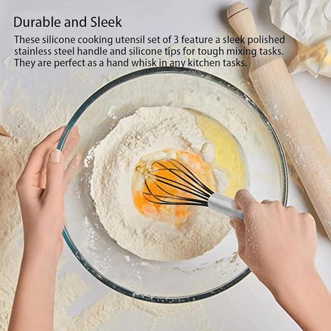 Silicone Whisk set of 3, 8+10+12in Kitchen Balloon Wire Whisks, Hand Egg Mixer Beater for Cooking