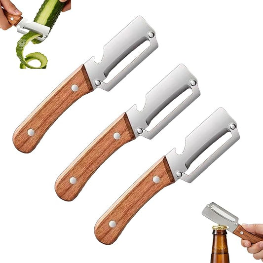 3Pcs Multifunctional Vegetable Peeler, 2-in-1 Multifunctional Vegetable Peeler with Wooden Handle & Stainless Steel Blade, Built-in Bottle Opener, Fruit & Vegetable Kitchen Peeling Tool by Unknown