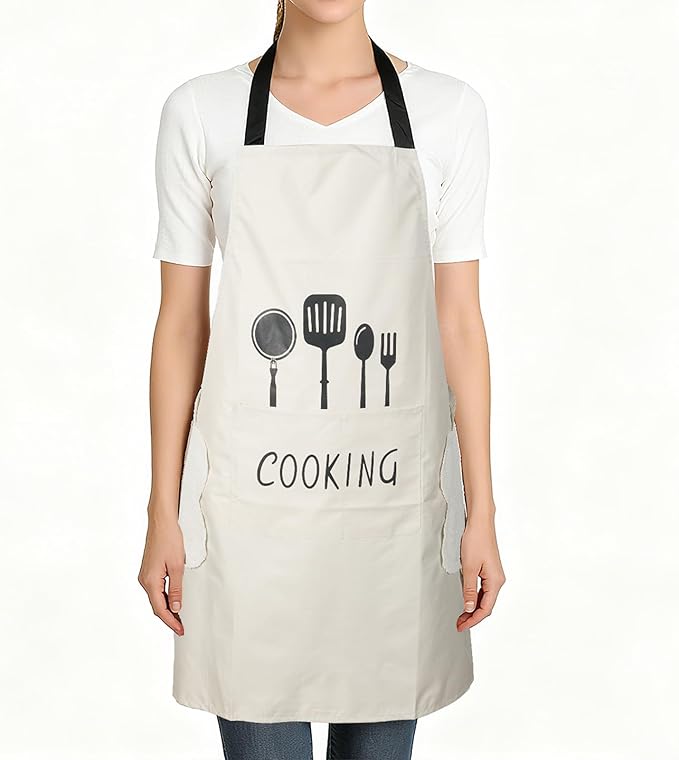 DILLMAN Women Kitchen Apron with Hand Wipe Pockets，Big Pocket,Hand-wiping, Waterproof for Cooking Baking