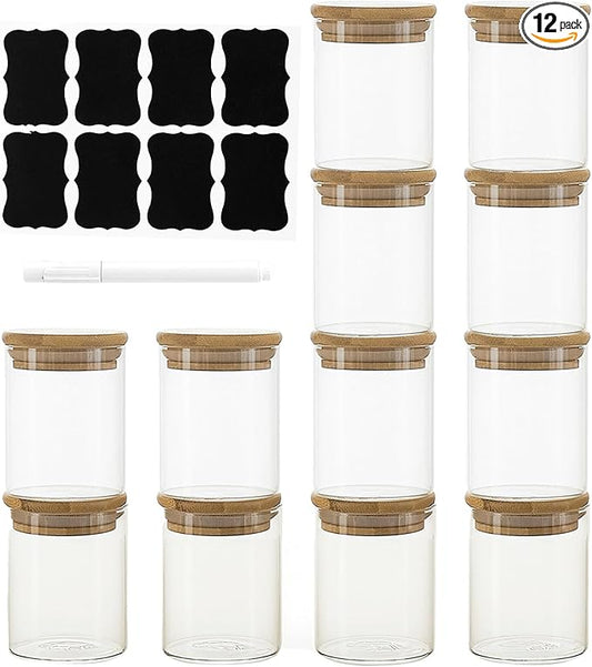 12 Packs Round Spice Jars with Label, 8oz Stackable Airtight Food Storage Containers, Practical Small Glass Jars to Go for Cookie, Coffee, Yogurt, Overnight Oats, Sugar, qtip, cotton balls and Candle by Unknown