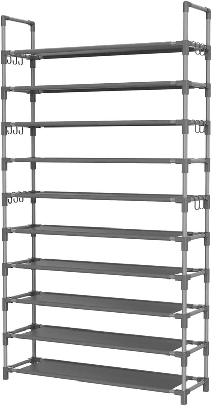LANTEFUL Tall Shoe Rack 10 Tier Shoe Organizer Large Shoe Shelf with 18 Hooks Storage for 50 Pair Sneaker and Boot, Stackable Vertical Shoe Rack Organizer for Closet, Entryway, Bedroom, Grey - Image 8
