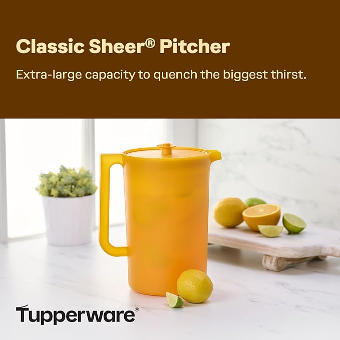 Tupperware Impressions Classic Sheer 1 Gallon Pitcher with Lid in Papaya, Dishwasher Safe and BPA Free, Mess-Free, Reusable Plastic Pitcher with Extra Large Capacity