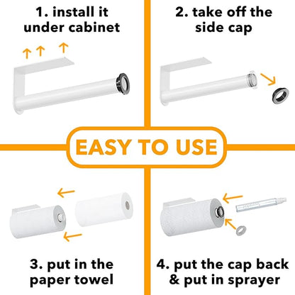 SpaceAid SprayNeat Paper Towel Holder with Spray Bottle, Under Cabinet Paper Towels Holders with Sprayer Inside Center, Hanging Wall Mount Papertowels Roller for Kitchen and Bathroom (White)
