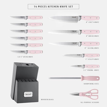 hecef Kitchen Knife Block Set, 14 Pieces Knife Set with Wooden Block & Sharpener Steel & All-purpose Scissors, High Carbon Stainless Steel Cutlery Set (Pink)