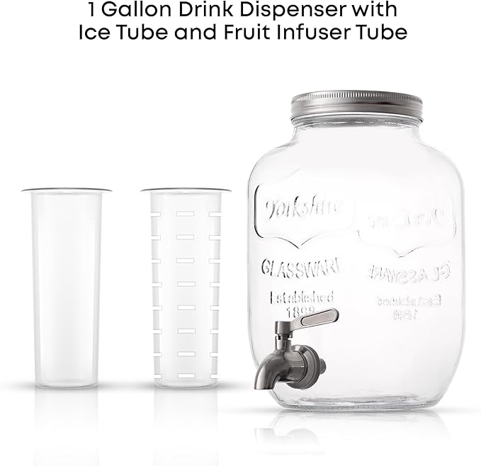 1-Gallon Drink Dispenser. Glass Beverage Dispenser with Stainless steel Spigot plus Ice Cylinder and Fruit Infuser! Water Dispenser, Lemonade Stand, Juice Container - Drink Dispensers for Parties - Image 2