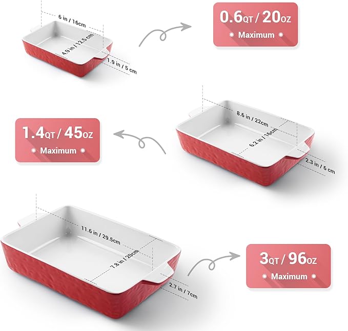 Casserole Dishes for Oven, Ceramic Baking Dishes, Lasagna Pan with Handles, Porcelain Baking Pan Deep, Bakeware for Baking, Cooking, Wedding Gift, Set of 3 (11.6" x 7.8", Red) - Image 4