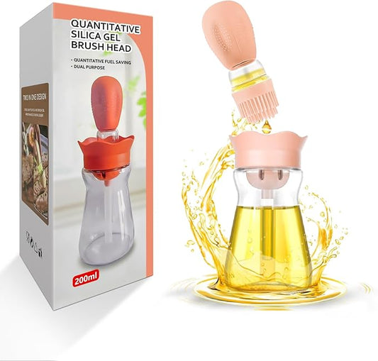 Oil Dispenser Bottle with Silicone Brush, 200ML 2 in 1 Silicone Dropper Measuring Oil Dispenser Bottle for Kitchen Cooking, Frying, Baking, BBQ Pancake, Air Fryer, Marinating - Cream White