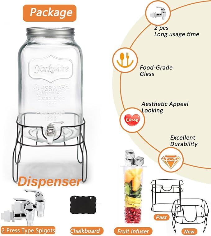 2 Gallon Drink Dispenser with 2 Press Type Spigot, Sun Tea Glass Mason Jar for Outside, Iced Lemonade Beverage Dispenser with Fruit Infuser, Large Water Juice Jug, Punch Dispenser for Parties