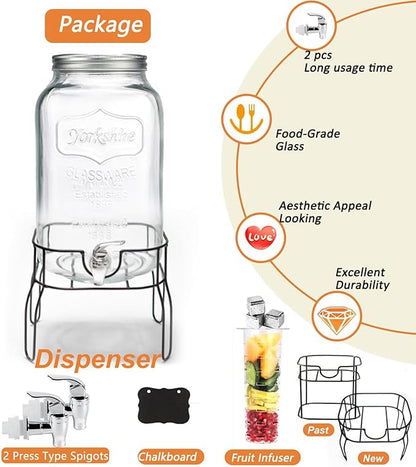 2 Gallon Drink Dispenser with 2 Press Type Spigot, Sun Tea Glass Mason Jar for Outside, Iced Lemonade Beverage Dispenser with Fruit Infuser, Large Water Juice Jug, Punch Dispenser for Parties