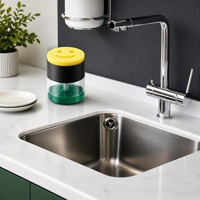 OVVE HOME® Dish Soap Dispenser with Sponge Holder - Compatible with Scrub Daddy | Kitchen Sink Organizer, Soap Dispensing Sponge Holder - Image 4