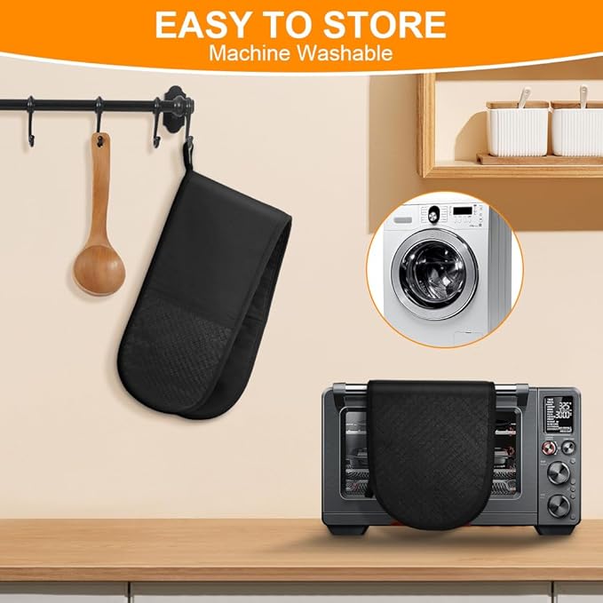 AUAUY Black Double Oven Mitts, 250°C/482°F Heat Resistant BBQ Mittens with Ropes, Silicone Non-Slip Design Kitchen Mittens, Cooking Glove Top Kitchen Gadgets for Cooking Baking Grilling - Image 5
