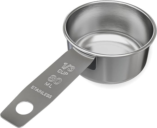 1/3 Cup Stainless Steel Measuring Cup | Sturdy Metal 80 ml | 80 cc | 3 oz | Single Cup for Wet and Dry Ingredients | Great for use as 1/3 Cup Dog Food Scoop - 1 PK by Knupp+Co.