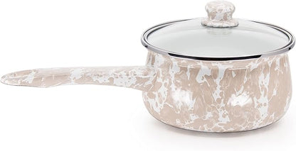 Golden Rabbit Enamelware Sauce Pan with Handle, 5 cup, Taupe Swirl