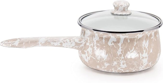 Golden Rabbit Enamelware Sauce Pan with Handle, 5 cup, Taupe Swirl