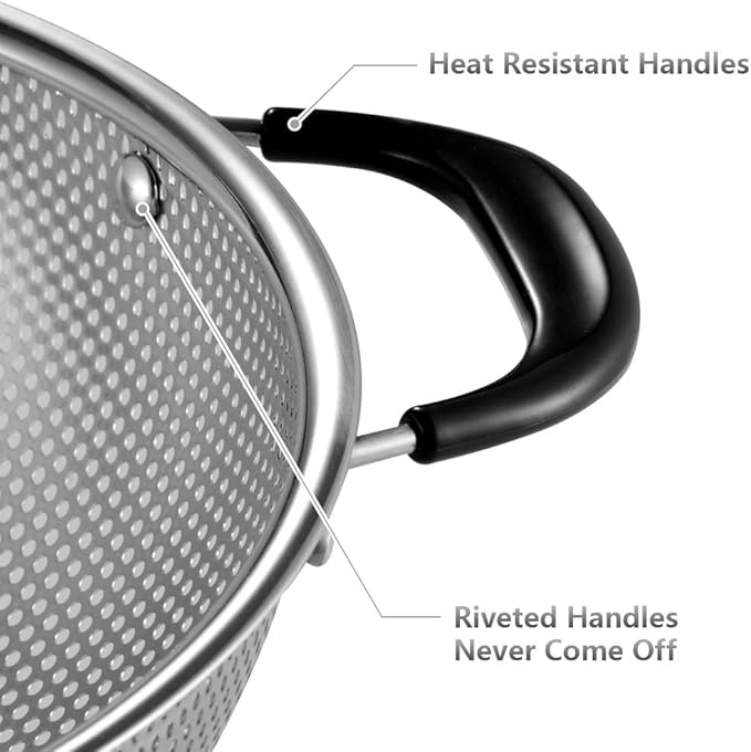 Tiawudi 18/8 Stainless Steel Colander, Easy Grip Micro-Perforated 5-Quart Colander, Strainer with Riveted and Heat Resistant Handles, BPA Free. Great for Pasta, Noodles, Vegetables and Fruits - Image 3