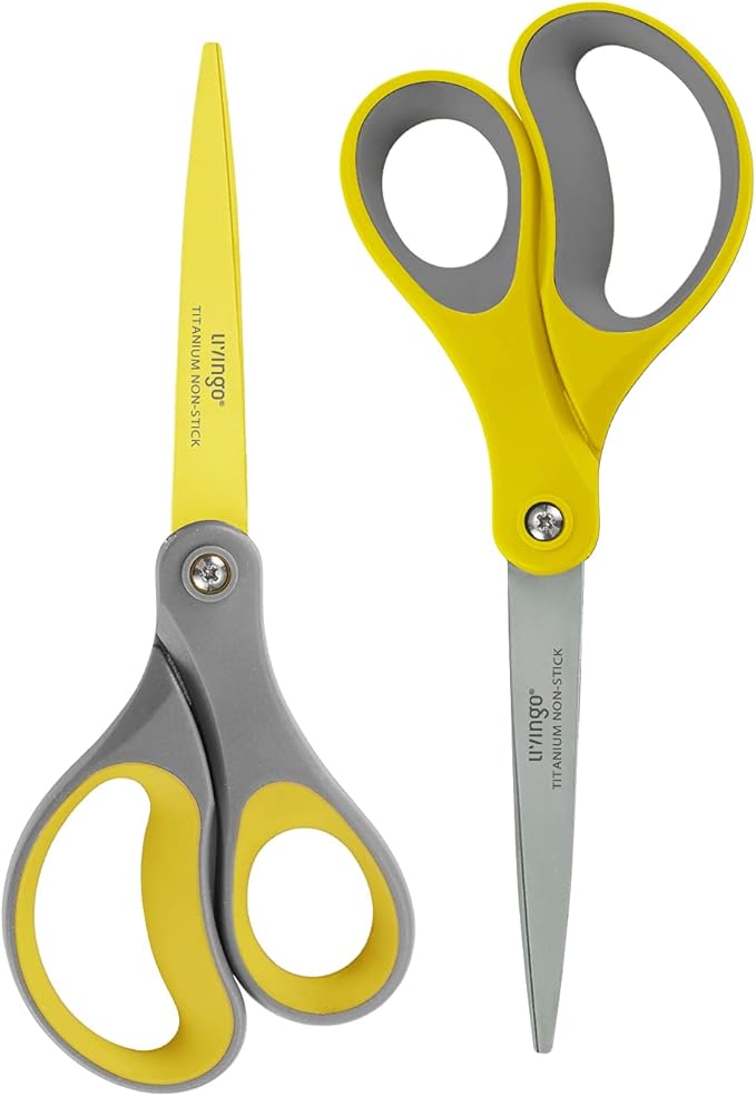 LIVINGO 8" 2 Pack Scissors, Titanium Coated Sharp Stainless Steel Non-stick Scissors All Purpose, Comfort Grip Handles Shears for Office Home Supplies Crafting DIY Cutting Tape Adhesive General Use by LIVINGO