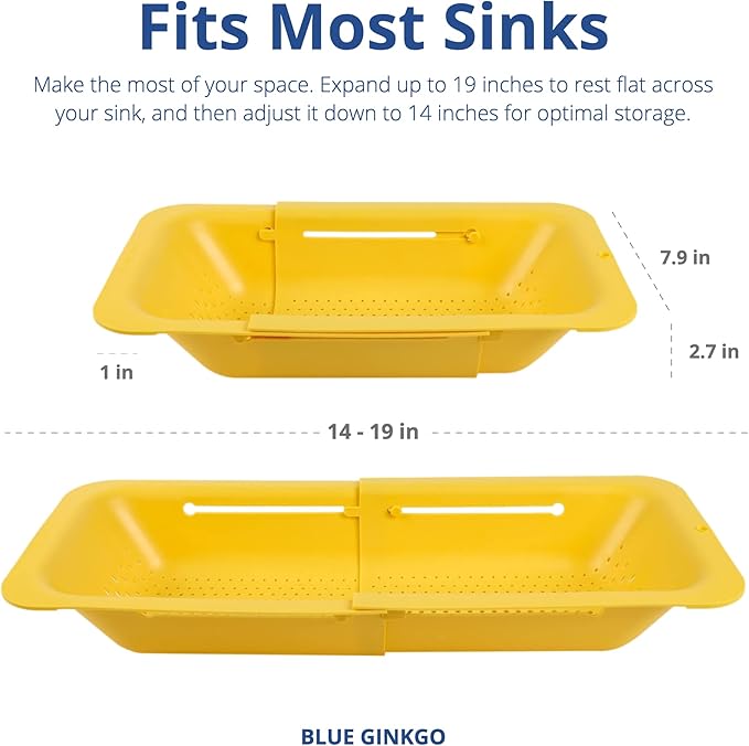 BLUE GINKGO Over the Sink Colander Strainer Basket - Wash Vegetables and Fruits, Drain Cooked Pasta and Dry Dishes - Extendable - New Home Kitchen Essentials (Yellow, 1 Pack) - Image 5