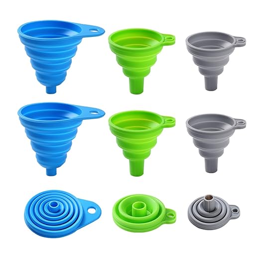 6 Pack Silicone Collapsible Funnels for Kitchen Use Filling Bottles, 3 Small and 3 Large Food Grade Kitchen Funnel Set for Filling Water, Oil, Spices, Powder – Silicone Funnels with Hook for Storage by Unknown