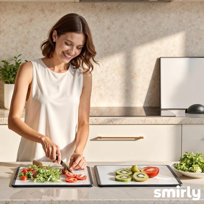SMIRLY Plastic Cutting Board Set with Holder 3 Pieces, Non-Slip Dishwasher Safe Chopping Boards for Kitchen, Black & White - Image 9