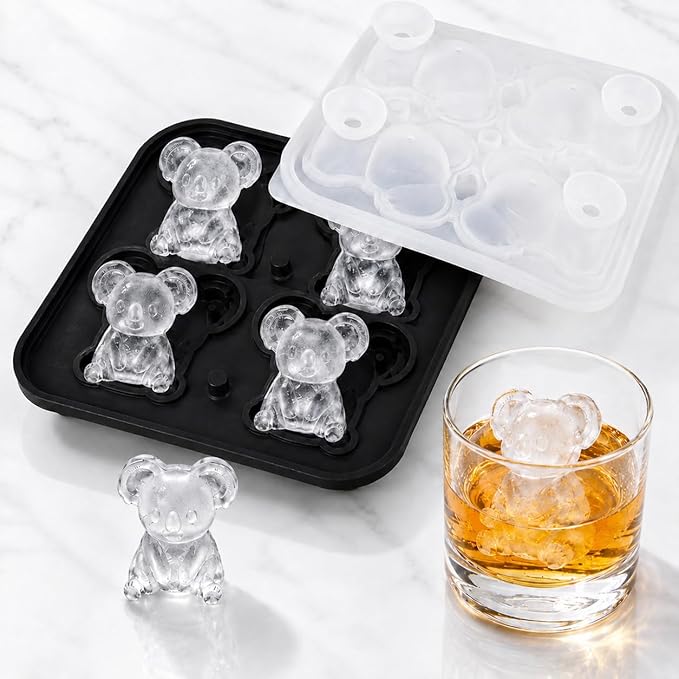 Koala Ice Cube Tray Mold - 3D Koala Shape Ice Cube Trays, Cute Ice Cube Molds for Whiskey Bourbon, 4-Hole Large Fun Shapes Ice Cube Trays, Funny Koala Gifts for Koala Animal Lovers Women Men