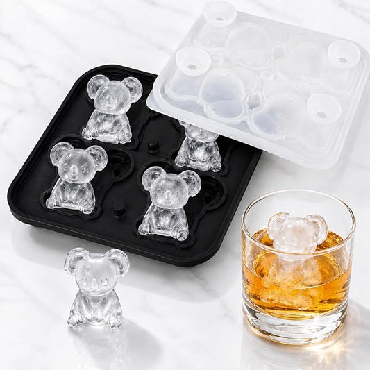 Koala Ice Cube Tray Mold - 3D Koala Shape Ice Cube Trays, Cute Ice Cube Molds for Whiskey Bourbon, 4-Hole Large Fun Shapes Ice Cube Trays, Funny Koala Gifts for Koala Animal Lovers Women Men