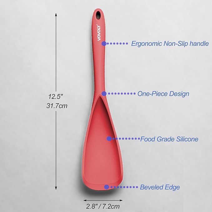 Cooking Spoon for Nonstick Cookwares, VOVOLY Silicone Spoon for Mixing, Scoop, and Scrape,Seamless Design, 12.6'', 2 Pack, Red - Image 2