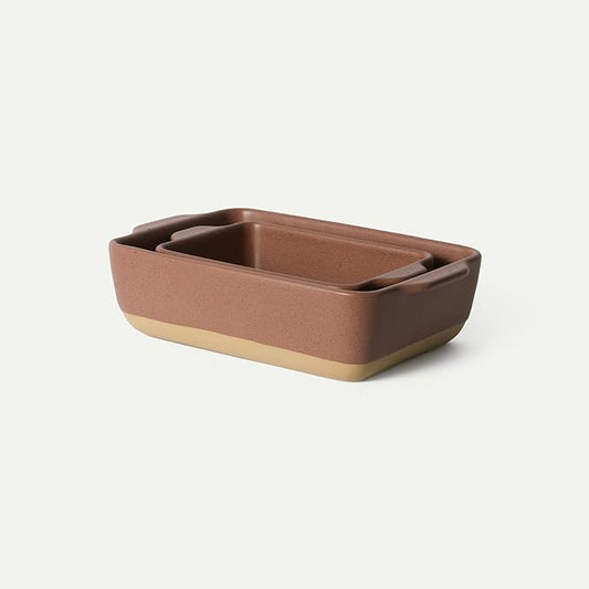 Mora Ceramic Set of 2 Baking Dishes For Casserole, Banana Bread, Brownies, Broiling, Roasting, and Baking. 7x11 in and Loaf Pans - Porcelain Serving Bakeware from Oven to Table. Freezer Safe - Terracotta by MORA