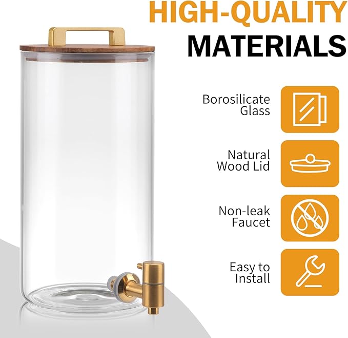 2 PCS 1.5 Gallon Glass Drink Dispenser, Beverage Dispenser With Wood Stand, Lid and Stainless Steel Spigot, Large Water Dispenser for Parties, Perfect for Lemonade, Juice, Tea and Daily Drinks - Image 5