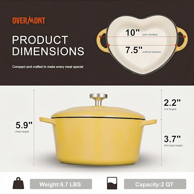 Overmont Enameled Cast Iron Dutch Oven - Heart-Shaped Pot with Lid Cookbook & Cotton Pot Holders - Mini Cookware Oven Safe to 500°F for Sourdough Baking Soups Stews - Great Gift for Wedding Birthday Housewarming 2QT Yellow