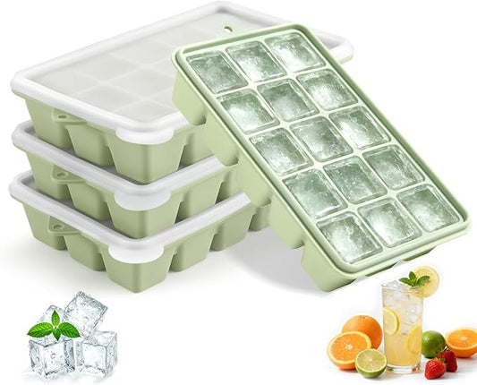 Silicone Ice Cube Trays with Lid, Set of 4, Easy Release Ice Molds, Reusable and Stackable Ice Trays for Freezer for Cocktail, Whiskey, Baby Food, BPA Free (green) by PETHous