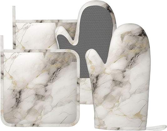 Oven Mitts and Pot Holders Set, Marble Pattern Gray White Silicone Kitchen Accessories 4 Piece Heat Resistant Long Gloves Potholder Non-Slip Grip for Chef Cooking Baking Grilling BBQ