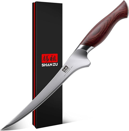 SHAN ZU Fillet Knife 7 inch, Razor Sharp Boning Knife for Meat in 10Cr15Mov Japanese High Carbon Steel Fish knife, Professional Kitchen with Flexible Blade and Ergonomic Pakkawood Handle by SHANZU