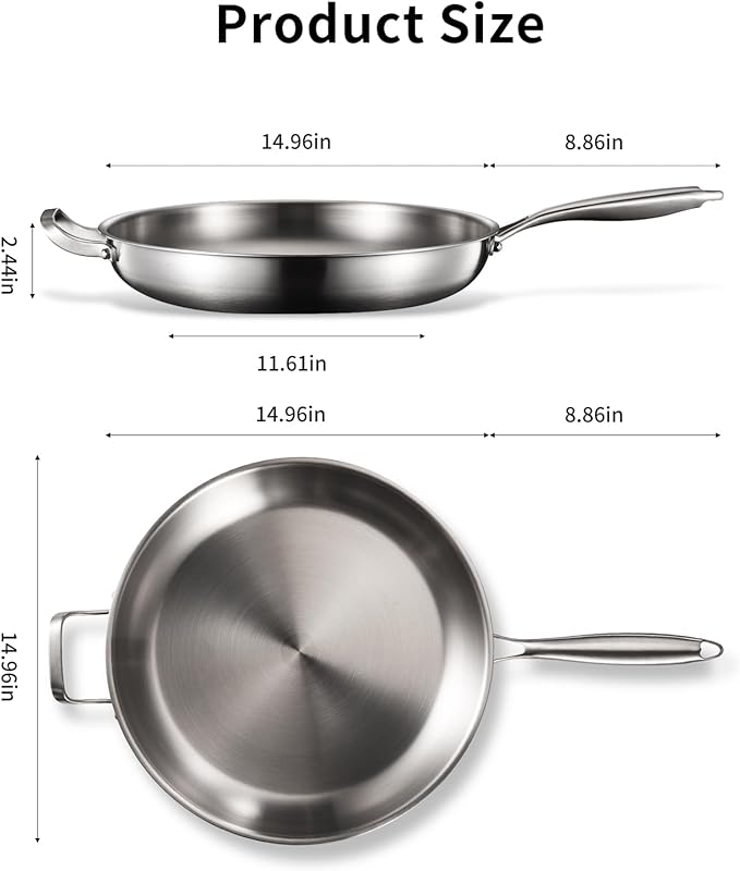 DELARLO Tri-Ply Stainless Steel Pan, 18/10 Frying Pan, Oven Safe Up to 600°F, Nontoxic Cookware, Compatible with All Cooktops Skillet, Durable, Fast Even Heat Fry Pan,Large 14.2 Inch Frying Pan - Image 3